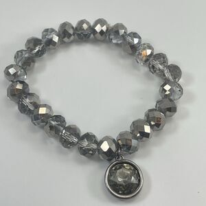 Smoke Silver Glass Rondelle Faceted Beaded Stretch Bracelet Charm Boho 6”